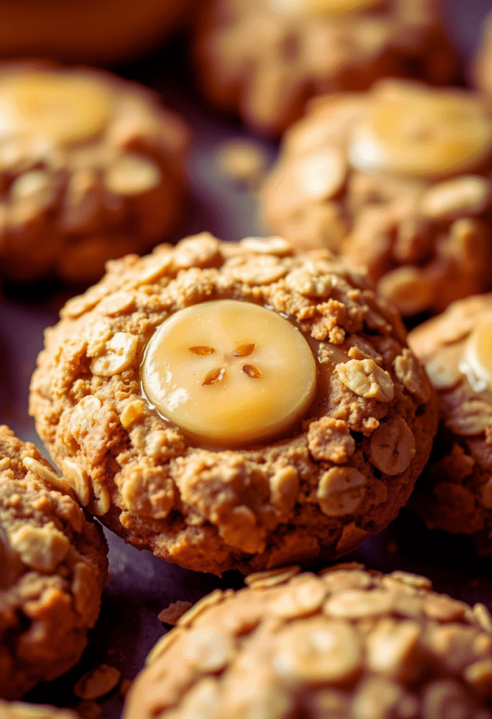 Close-up of freshly baked banana oat cookies with golden edges and soft centers