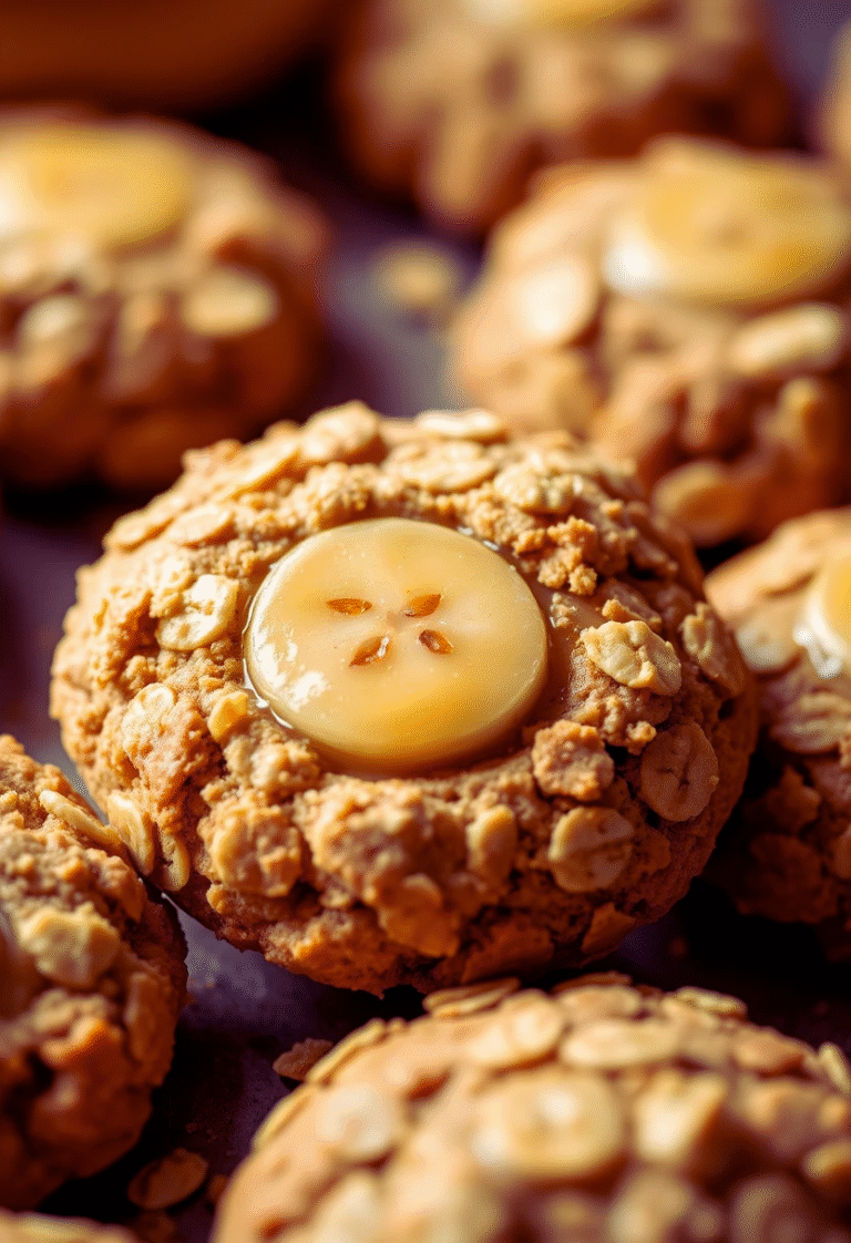 Close-up of freshly baked banana oat cookies with golden edges and soft centers