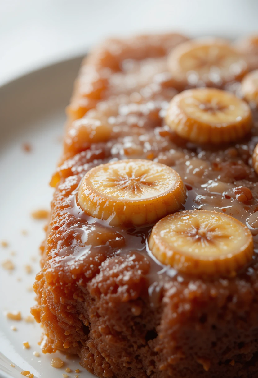 Close-up of Banana Upside Down Cake with caramelized banana topping
