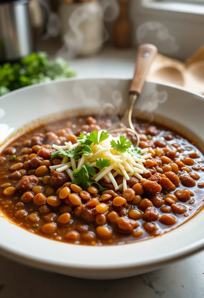 bowl of beef and lentil chili topped with cheese and cilantro