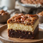 Brownie Pecan Pie Ooey Gooey Butter Cake 3 Slice of Brownie Pecan Pie Ooey Gooey Butter Cake showing layered fudgy brownie, creamy butter cake, and pecan pie topping