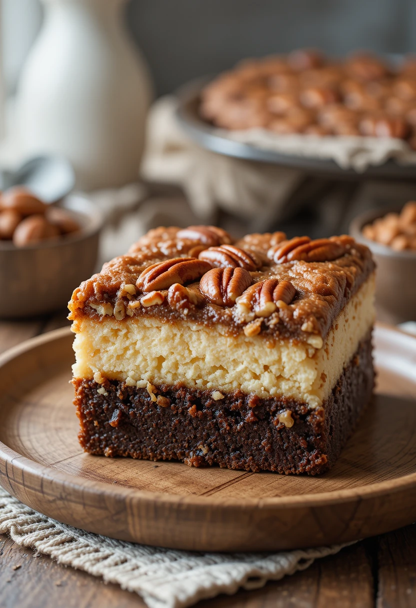 Slice of Brownie Pecan Pie Ooey Gooey Butter Cake showing layered fudgy brownie, creamy butter cake, and pecan pie topping