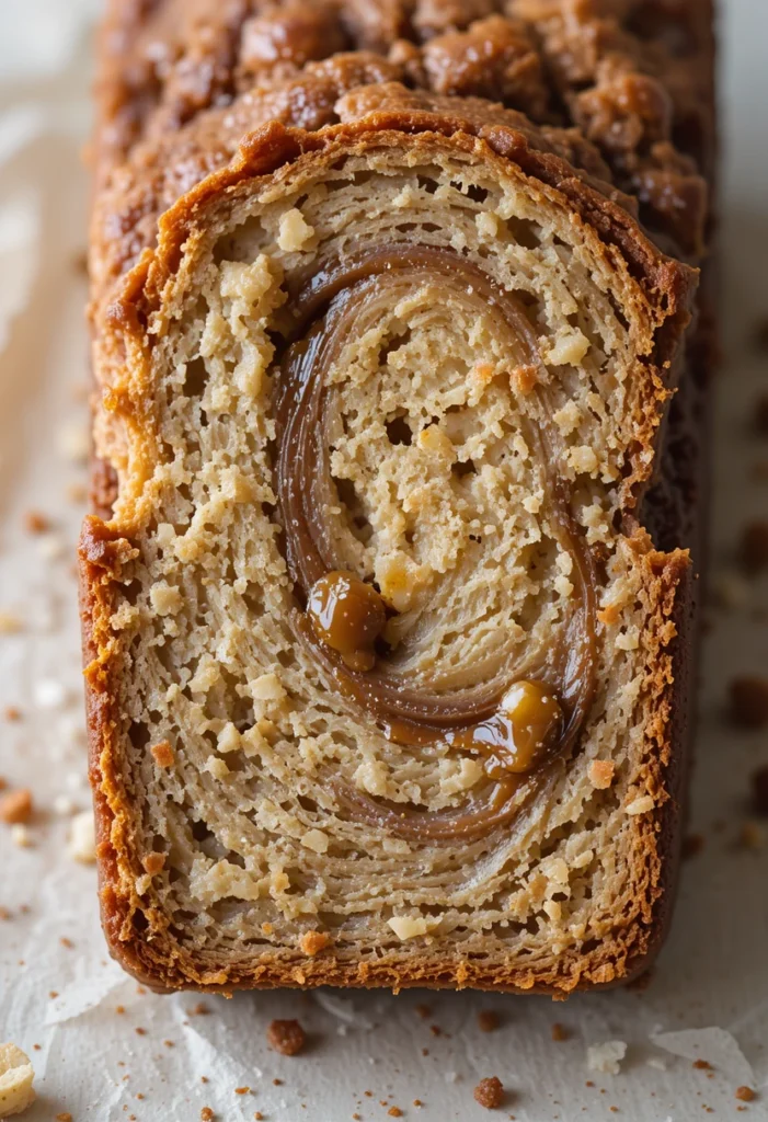 Slice of caramel banana bread with caramel swirls