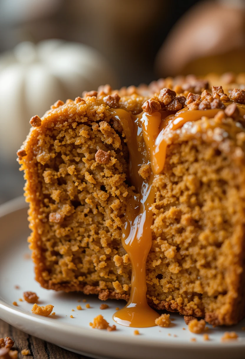 Close-up of moist chai spice maple pumpkin bread slice with visible spices and maple glaze