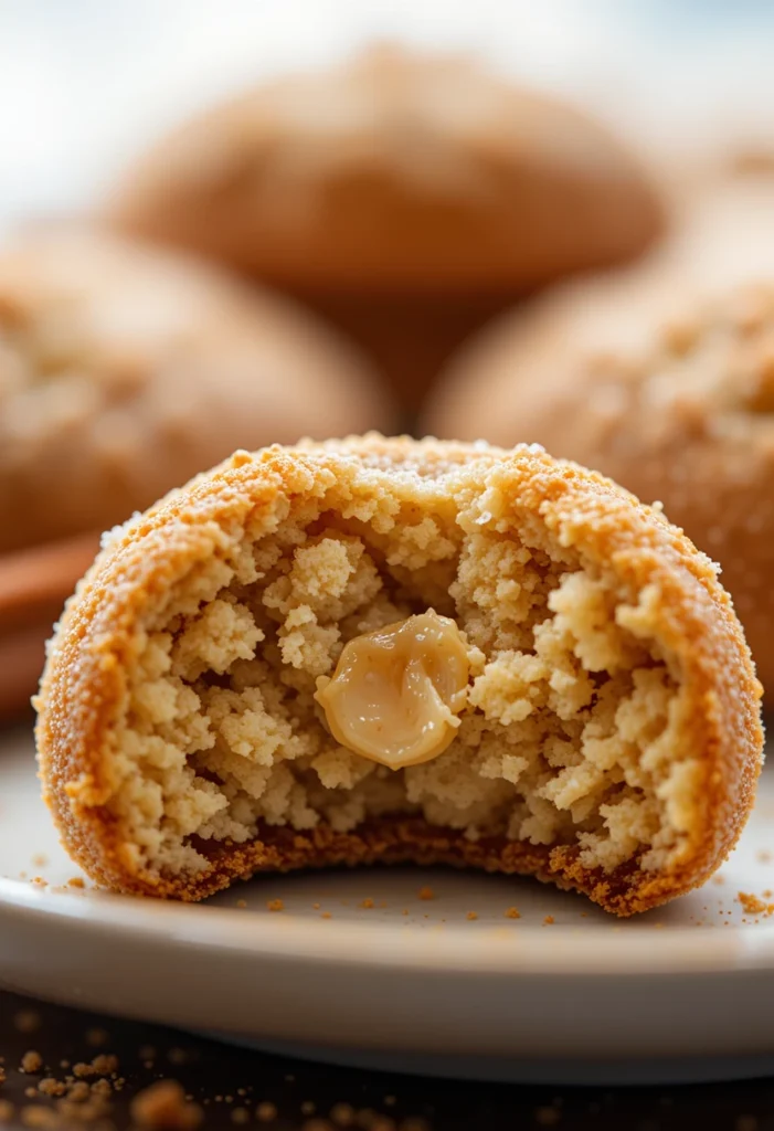 Close-up of a chewy snickerdoodle cookie showing cinnamon sugar coating and soft texture
