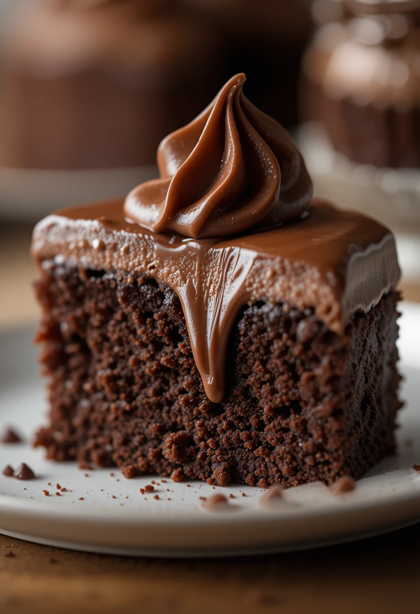 Close-up of a moist, fudgy chocolate cake bite with glossy chocolate frosting