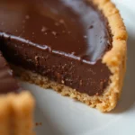 Chocolate Ganache Tart 3 Close-up of a glossy chocolate ganache tart slice with buttery crust