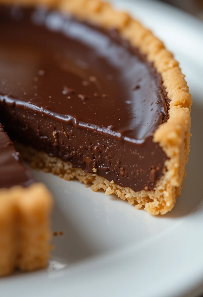 Close-up of a glossy chocolate ganache tart slice with buttery crust
