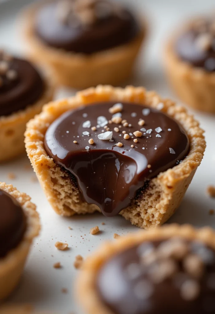 Close-up of a chocolate ganache tartlet with glossy filling and crispy crust