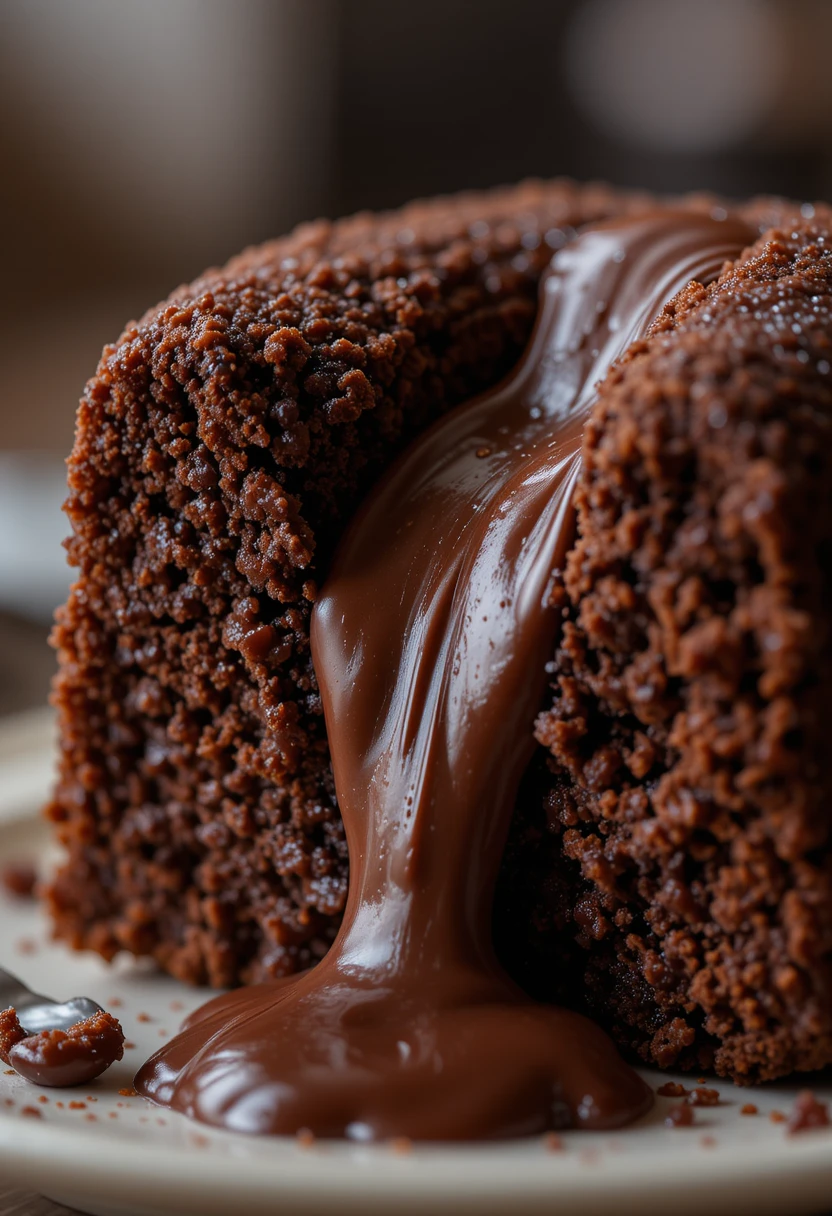Close-up of a chocolate lava cake with molten chocolate center oozing out