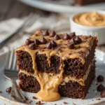 Chocolate Peanut Butter Ooey Gooey Cake 3 Close-up of a slice of chocolate peanut butter ooey gooey cake with creamy peanut butter swirls