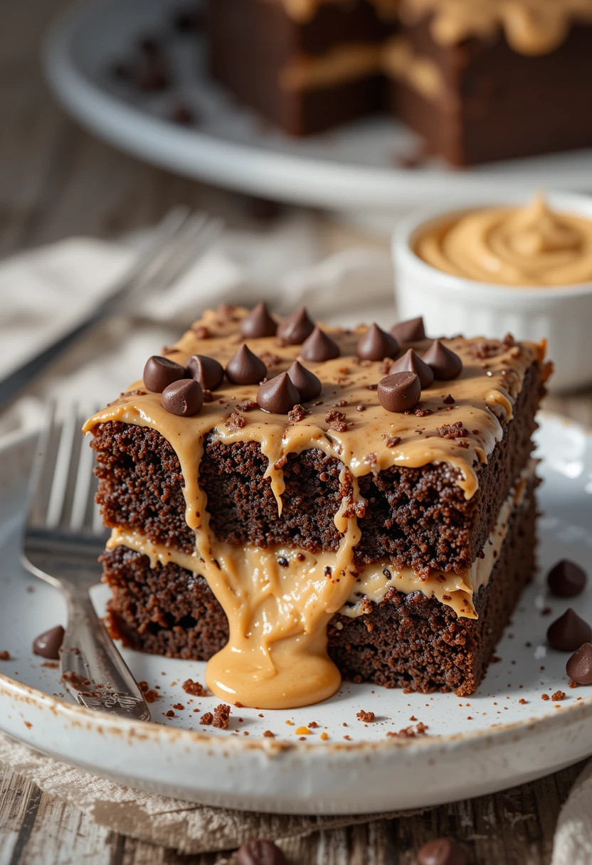 Close-up of a slice of chocolate peanut butter ooey gooey cake with creamy peanut butter swirls