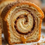 Cinnamon Swirl Quick Bread 3 Close-up of a moist cinnamon swirl quick bread slice showing the cinnamon sugar layers
