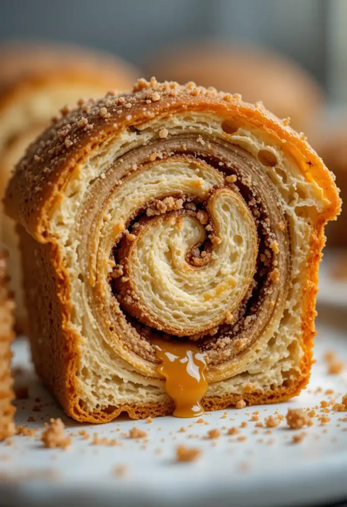 Close-up of a moist cinnamon swirl quick bread slice showing the cinnamon sugar layers