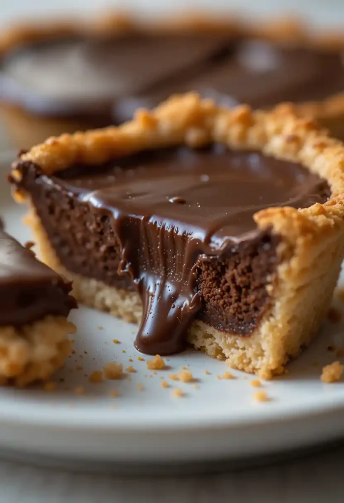 Close-up of a classic French chocolate tart slice showing glossy ganache and crisp crust