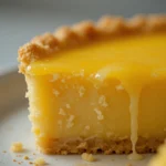 Classic Lemon Tart 3 Close-up of classic lemon tart slice with glossy lemon filling and buttery crust