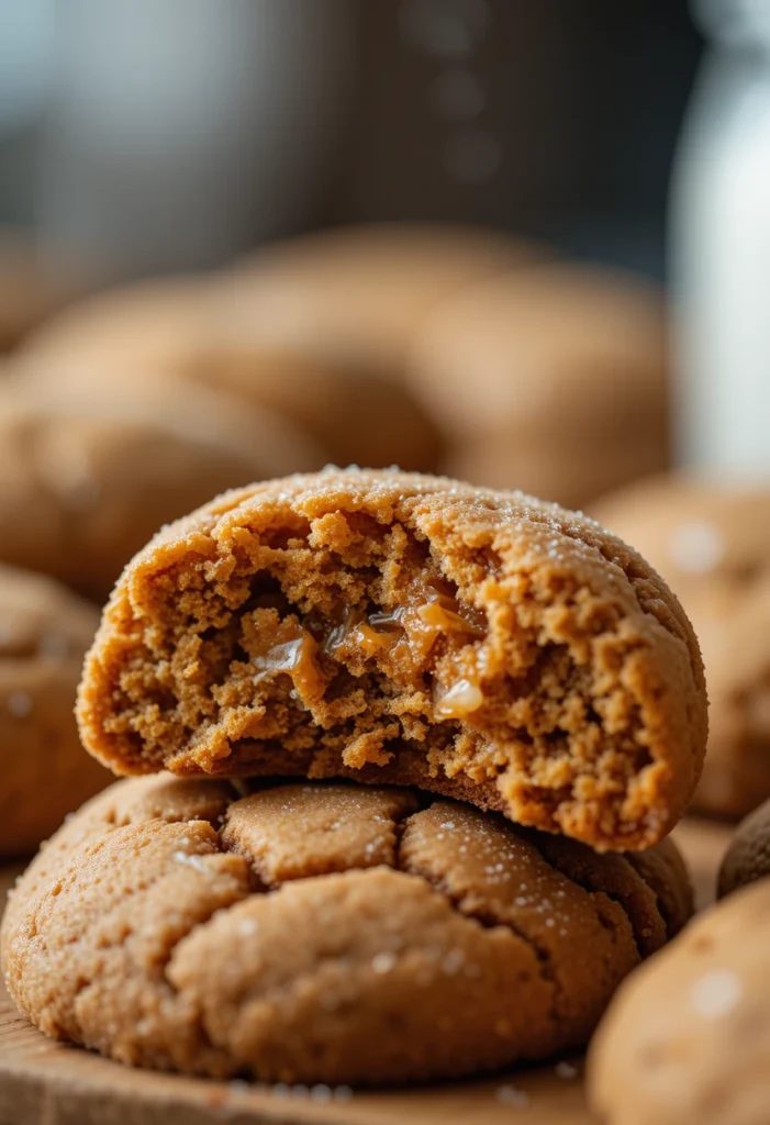 Close-up of a soft, chewy Classic Molasses Cookie with cracked golden crust