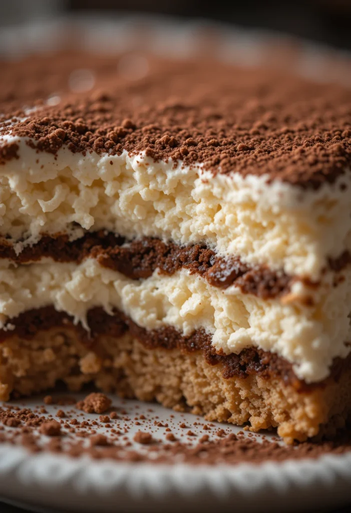 Close-up of creamy Classic Tiramisu with cocoa powder dusting