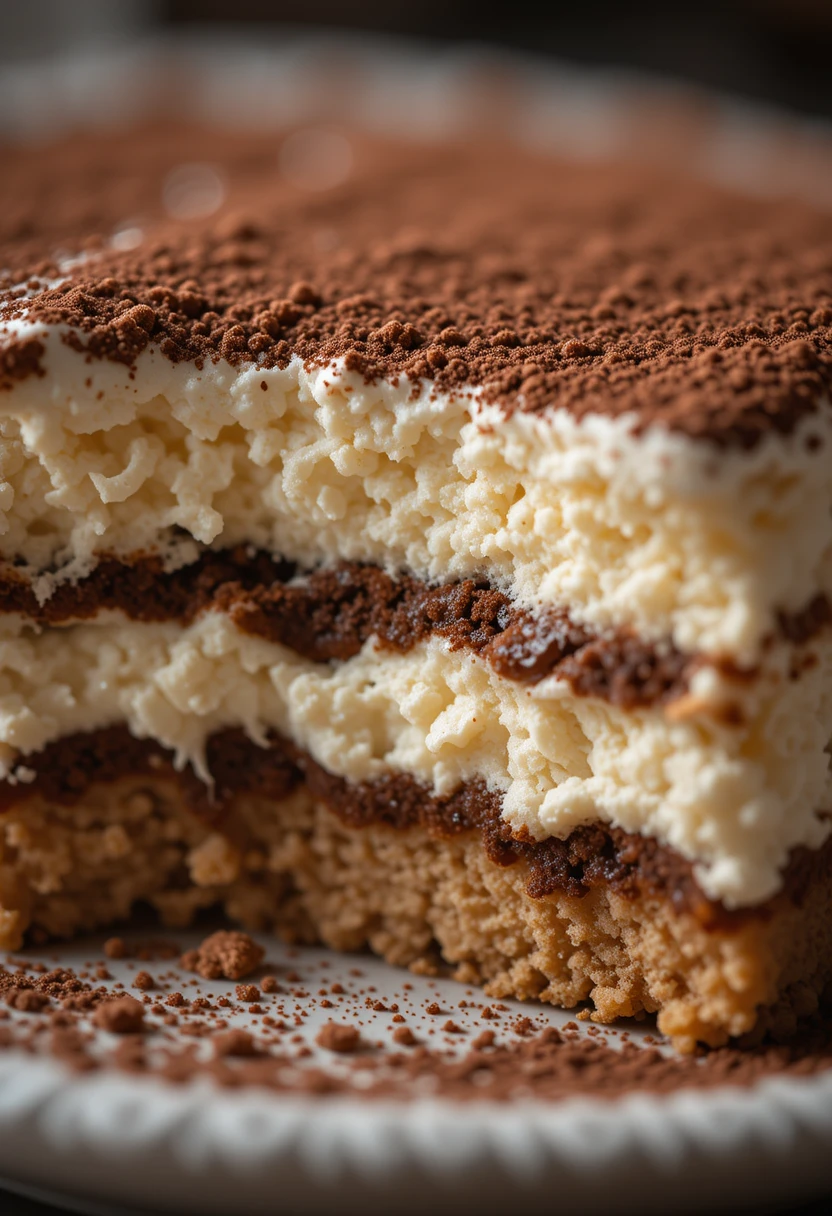 Close-up of creamy Classic Tiramisu with cocoa powder dusting