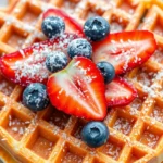 Classic Waffles Recipe 3 Close-up of a golden classic waffle with maple syrup and melted butter