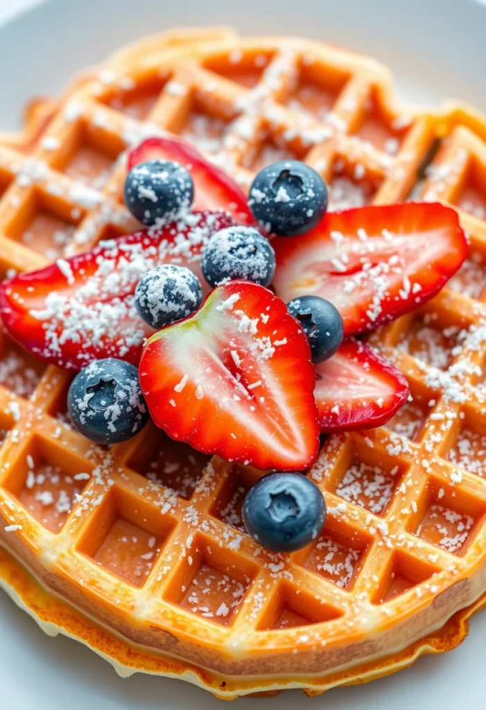 Close-up of a golden classic waffle with maple syrup and melted butter