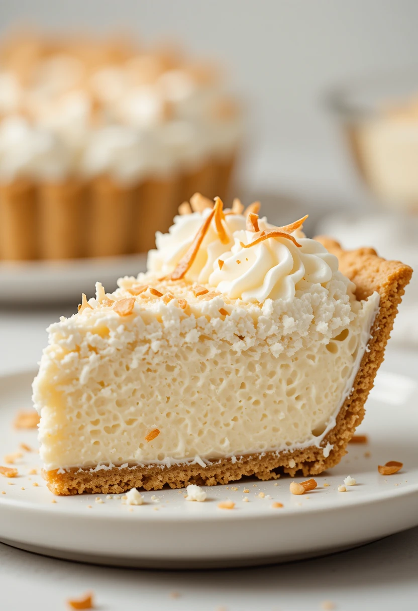 Slice of creamy coconut cream pie with whipped cream and toasted coconut topping