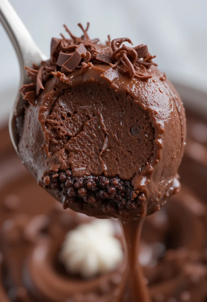Close-up of creamy dark chocolate mousse with chocolate shavings