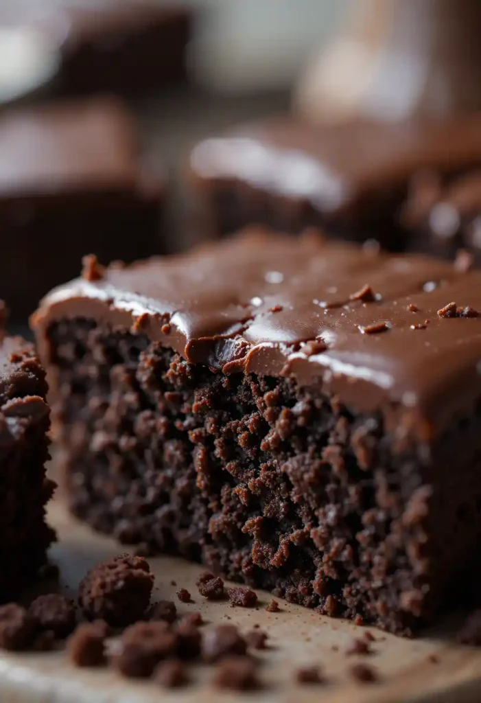 Close-up of a gooey, glossy bite of flourless chocolate cake with a dense and fudgy texture