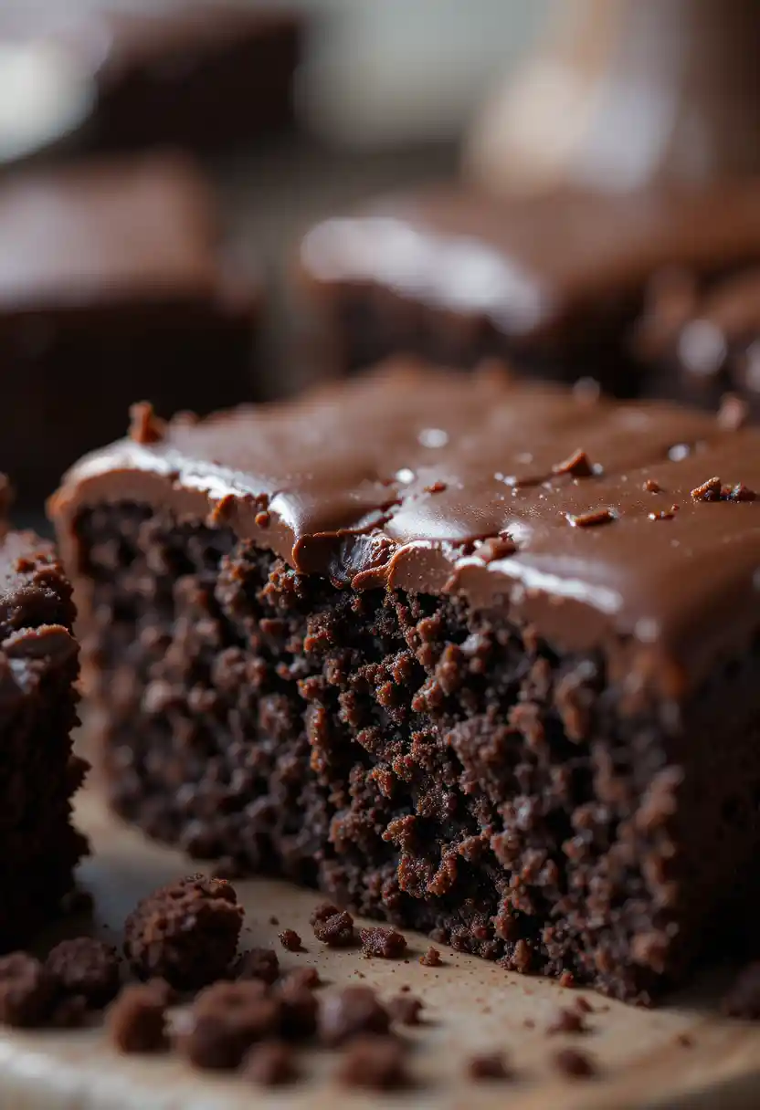 Close-up of a gooey, glossy bite of flourless chocolate cake with a dense and fudgy texture