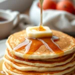 Fluffy Pancake Recipe 3 Close-up of a stack of fluffy pancakes with butter and maple syrup