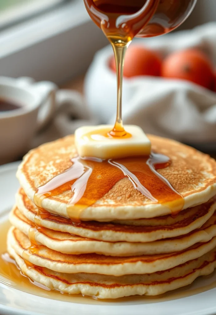 Close-up of a stack of fluffy pancakes with butter and maple syrup