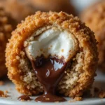 Fried S’mores Bombs 3 Close-up of a gooey fried s’mores bomb with melted marshmallow and chocolate inside