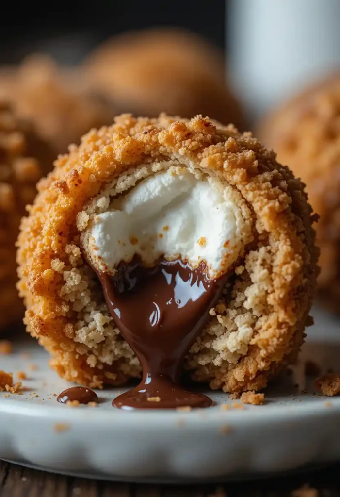 Close-up of a gooey fried s’mores bomb with melted marshmallow and chocolate inside