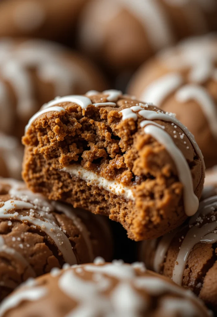 Close-up of a soft and chewy gingerbread cookie with spices and icing
