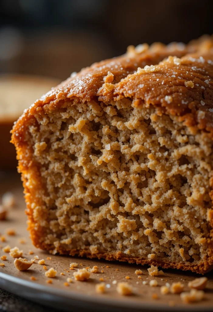 Close-up of moist gingerbread loaf slice showing crumb and crust