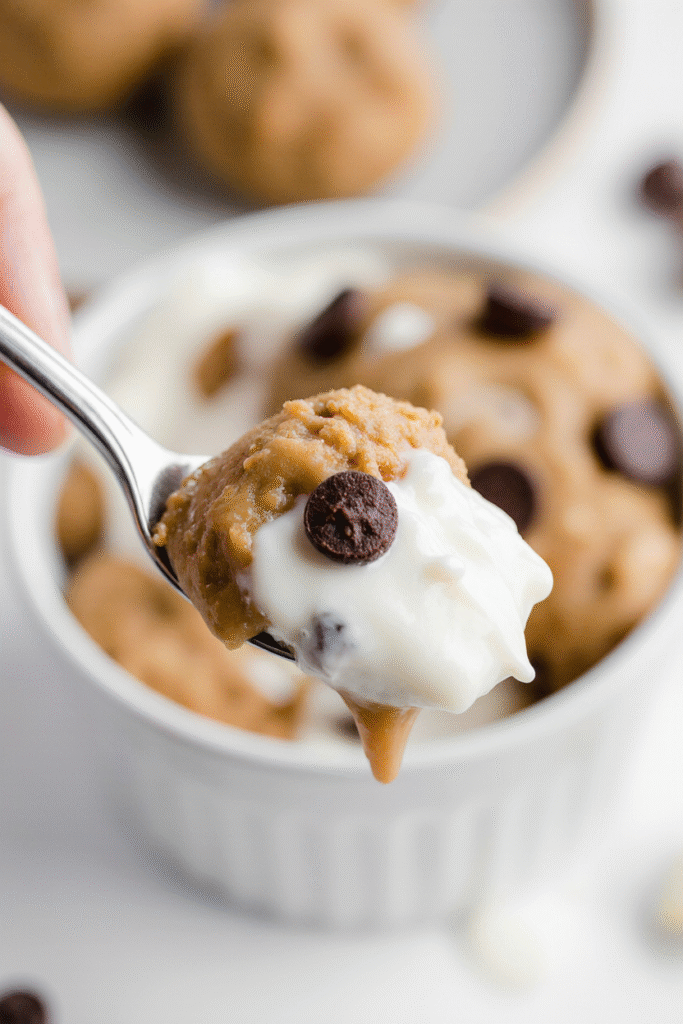 Close-up of creamy Greek yogurt cookie dough with chocolate chips