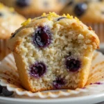 Lemon Blueberry Muffins 3 Close-up of a moist lemon blueberry muffin bite showing juicy blueberries and lemon zest