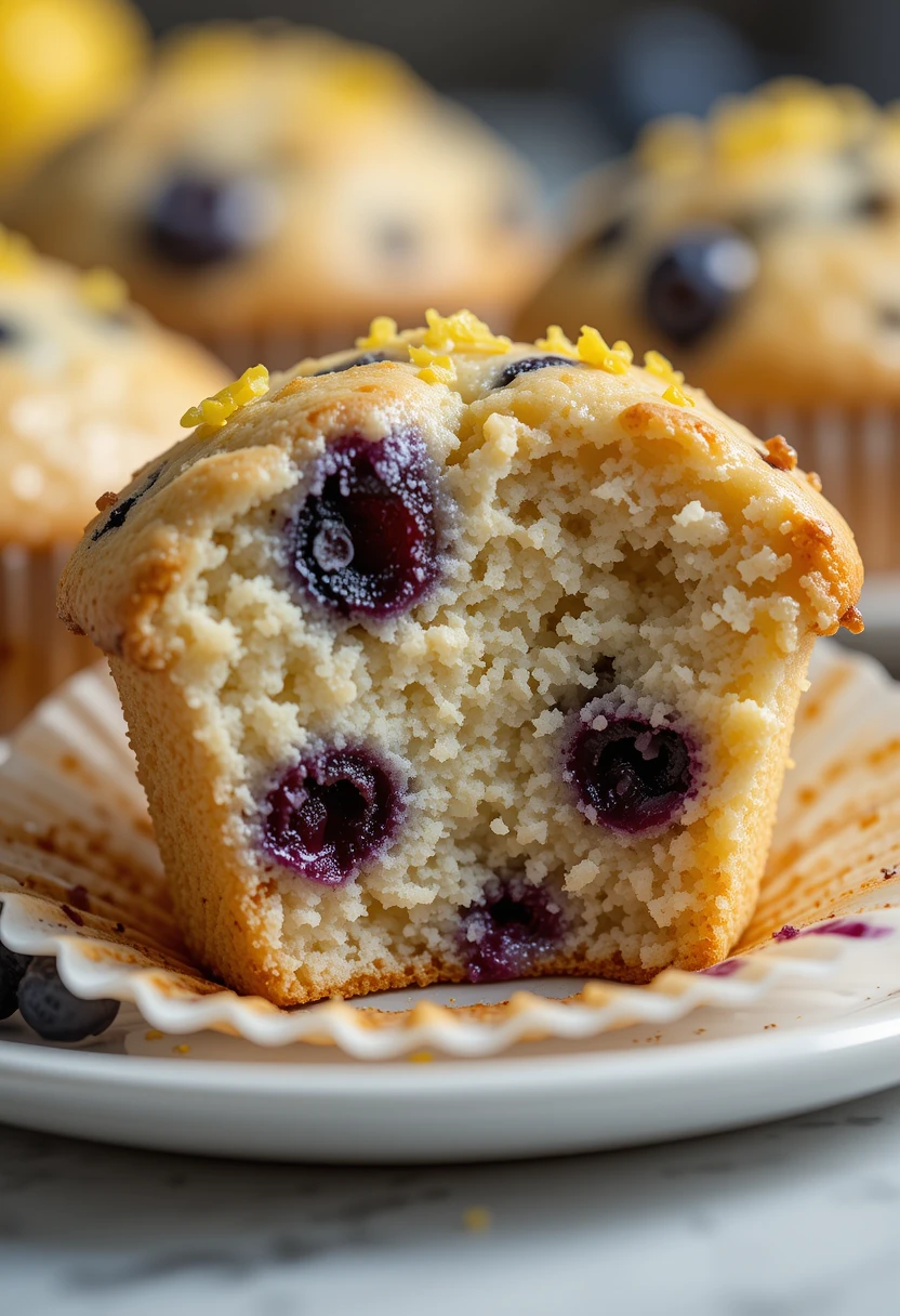 Close-up of a moist lemon blueberry muffin bite showing juicy blueberries and lemon zest