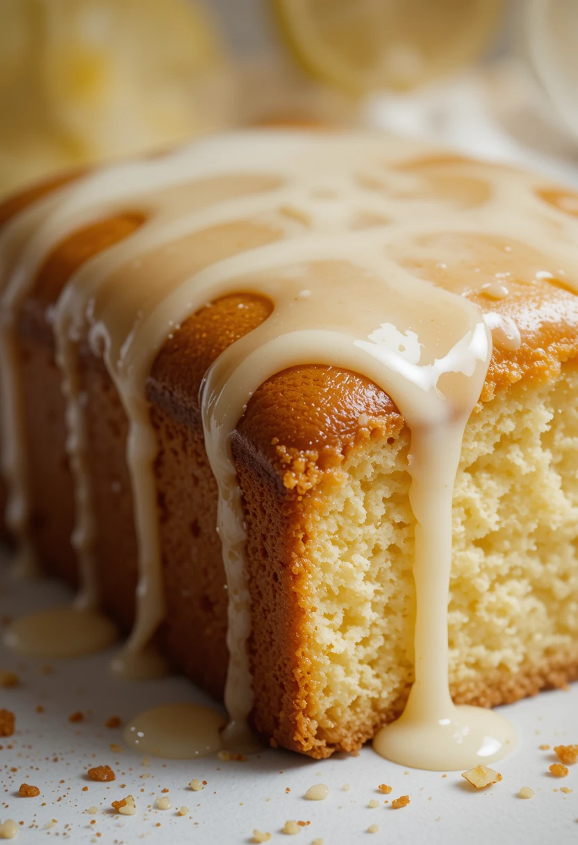 Close-up of moist lemon drizzle cake with shiny glaze