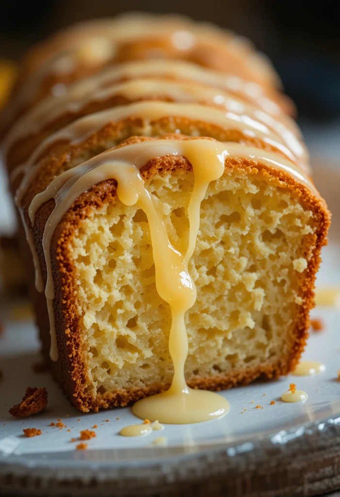 Close-up of moist lemon drizzle loaf with glossy lemon glaze