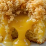 Lemon Dump Cake 3 Close-up of a gooey lemon dump cake bite with golden crumb topping