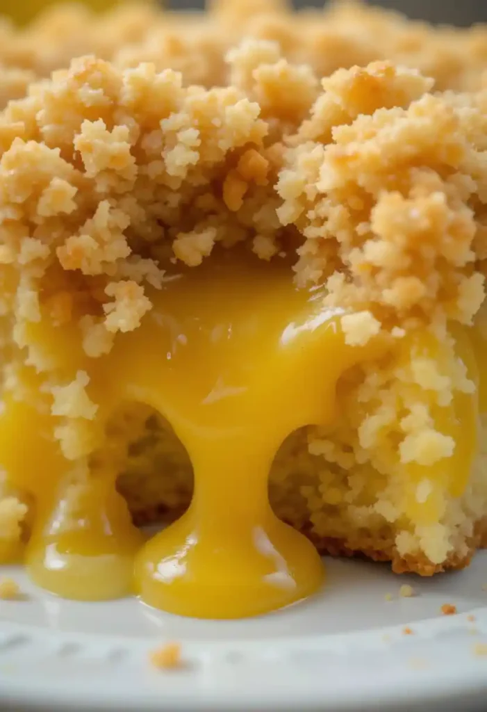 Close-up of a gooey lemon dump cake bite with golden crumb topping