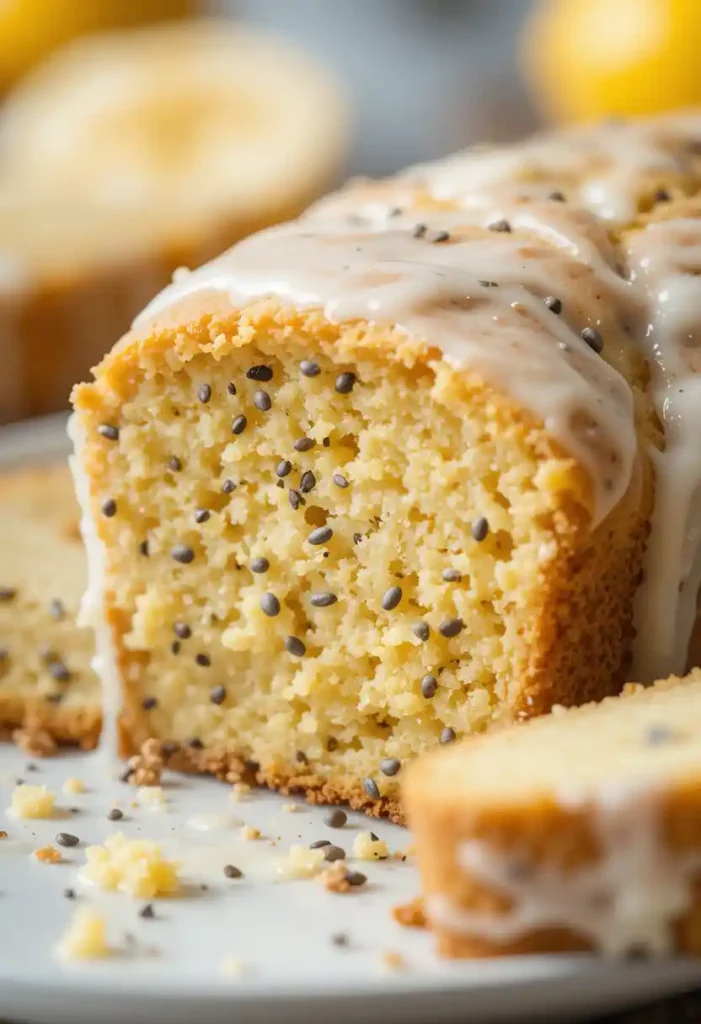 Close-up of moist lemon poppy seed loaf slice
