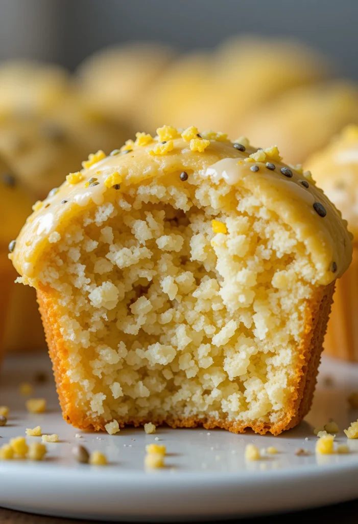 Close-up of moist Lemon Poppy Seed Muffins with lemon zest and poppy seeds