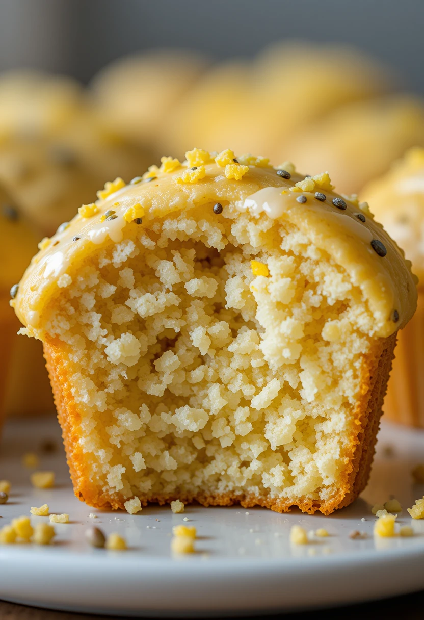 Close-up of moist Lemon Poppy Seed Muffins with lemon zest and poppy seeds