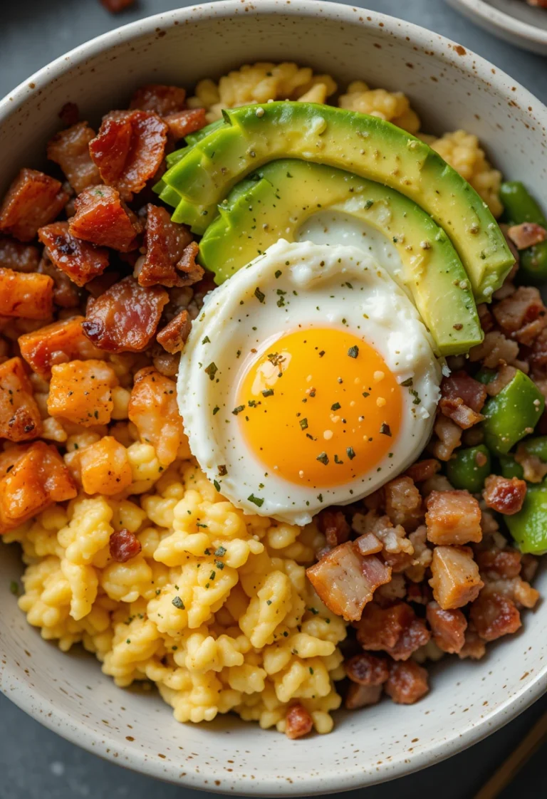 Colorful low carb breakfast bowl with scrambled eggs, avocado, bacon, and veggies.