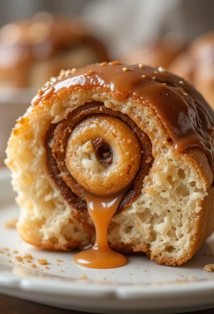 Close-up of a maple cinnamon roll bite showing gooey cinnamon swirls and glossy maple glaze
