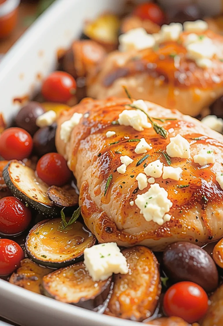 Juicy Mediterranean chicken baked with zucchini, tomatoes, and feta