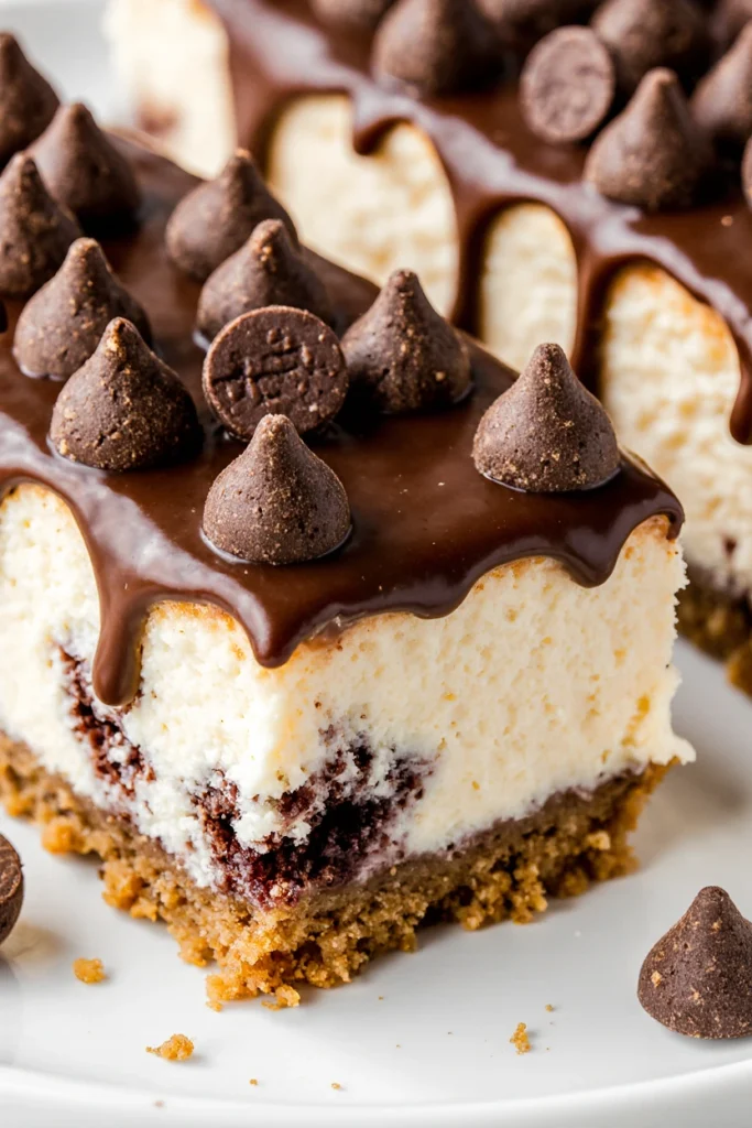 Close-up of a creamy No-Bake Chocolate Chip Cheesecake with mini chocolate chips