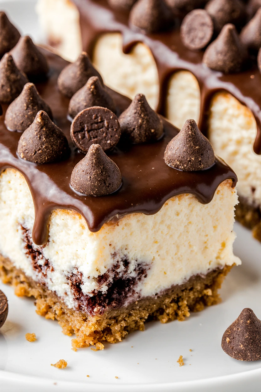 Close-up of a creamy No-Bake Chocolate Chip Cheesecake with mini chocolate chips